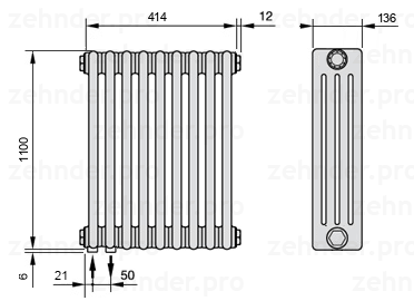 Схема (чертеж) Радиатор Zehnder Charleston 4110/9 №3370 Белый глянцевый RAL 9016